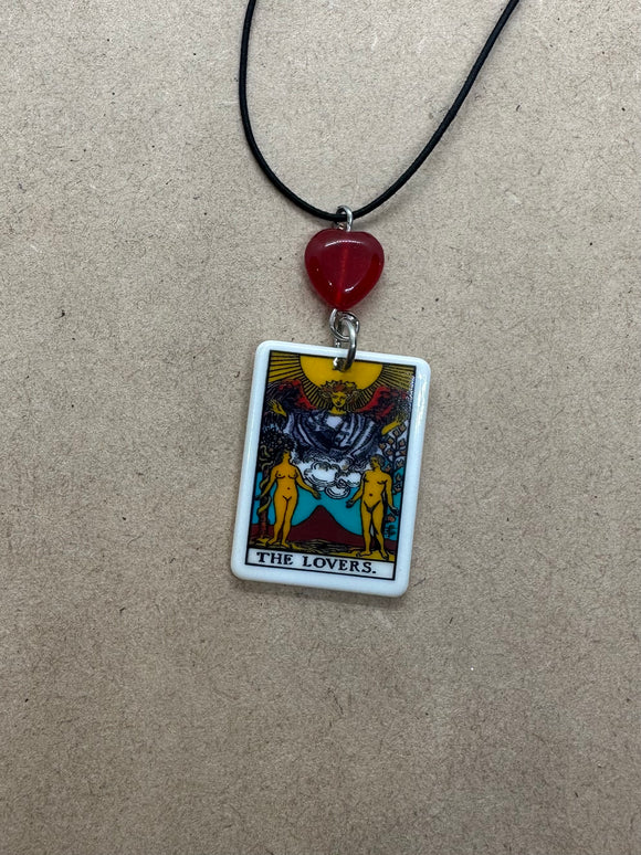 Lover’s Tarot Card Necklace with Red Jade Heart Crystal