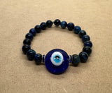 Blue Tiger’s Eye Crystal Bracelet with Turkish Evil Eye Centrepiece