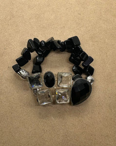 Black Tourmaline & Clear Quartz set in 925 Silver Crystal Beaded Bracelet with Silver Hematite Buddha Heads