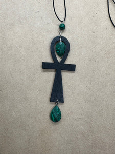 Wood Ankh Malachite Necklace