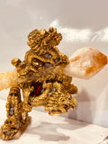 Selenite based Citrine Wand with Luck Dragons and Dragon Stand