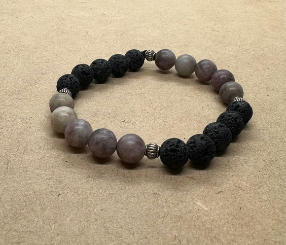 Lepidolite and Lava Stone Crystal Beaded Bracelet