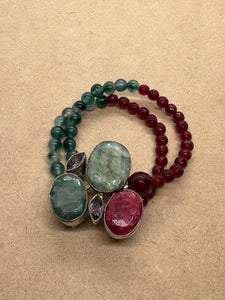 Ruby, Tanzanite & Emerald Bracelet set in 925 Silver with Green Jade & Faceted Ruby Beaded Double Strand Bracelet