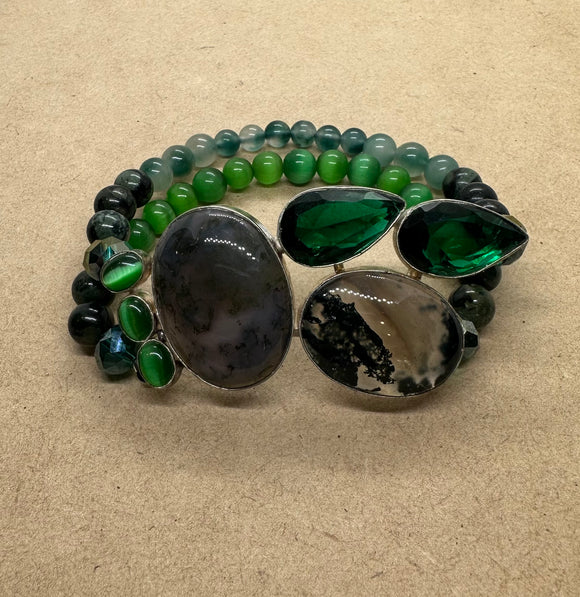 Moss Agate, Emerald & Green Cat's Eye set in 925 Silver with Green Jade, Kambaba Jasper & Green Cat’s Eye Bracelet