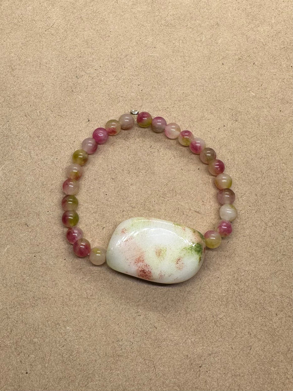 Watermelon Tourmaline with Agate Centrepiece Crystal Bracelet