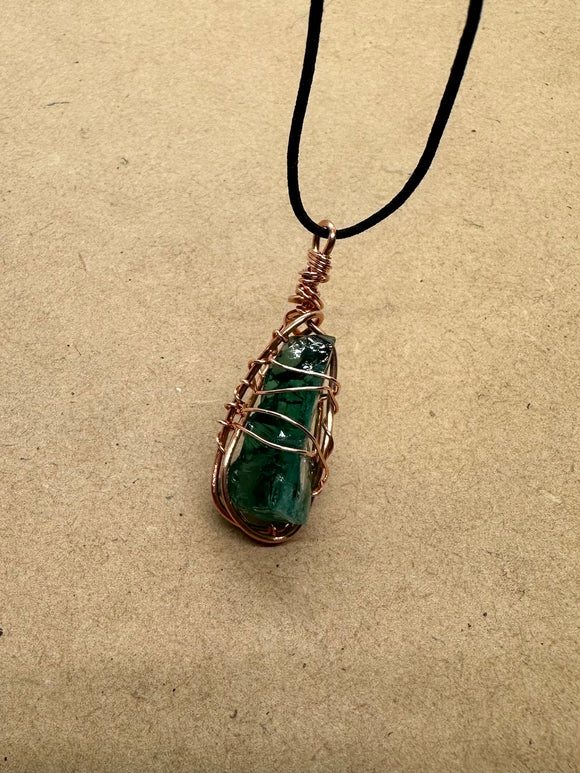 Copper Wired Green Obsidian Pendant