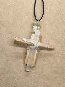 Palo Santo Wood Cross Necklace with Selenite Clear Quartz