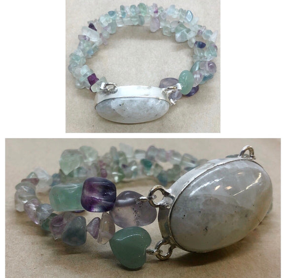 Moonstone set in 925 Silver with Fluorite & Aventurine Crystal Beaded Double Strand Bracelet