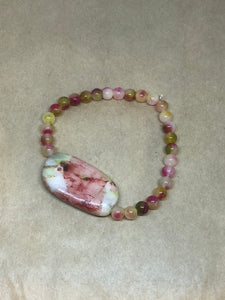 Watermelon Tourmaline Crystal Beaded Bracelet with Agate Centrepiece